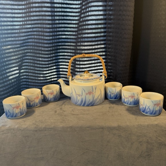 Other - TEAPOT WITH 6 YUNOMI Tea Cups IRIS OTAGIRI OMC Japan Porcelain Flowers Gold Trim